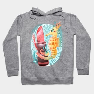 Seahorse King with Pink Lipstick Watercolor Hoodie